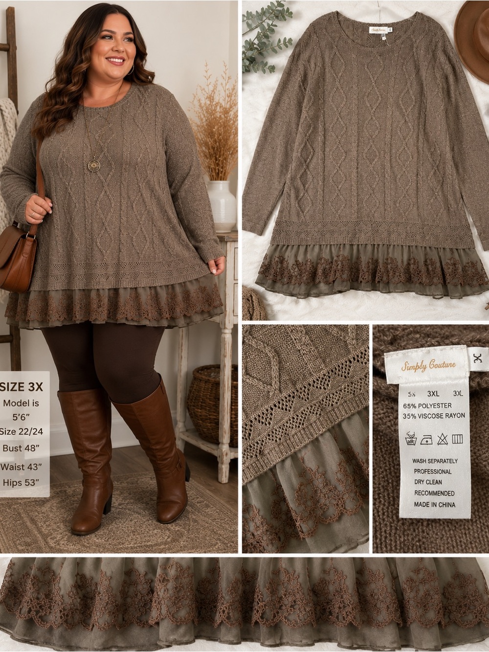 Simply Couture 3XL Cable Knit Sweater Tunic Lace Hem Boho Cottagecore Taupe